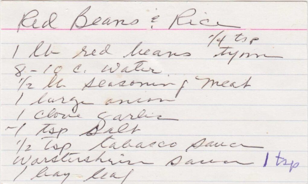 Madeline’s original Red Beans and Rice recipe card.