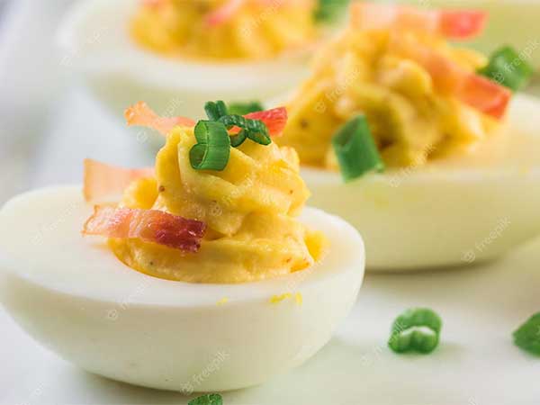 Deviled eggs made with Easter leftover eggs.