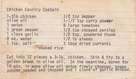 Madeline’s recipe, Chicken Country Captain (front of card)