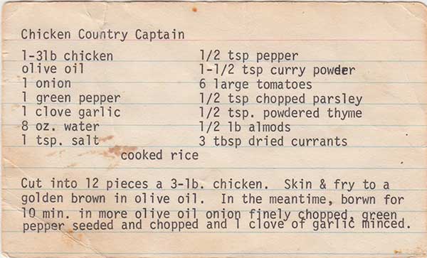 Madeline’s recipe, Chicken Country Captain (front of card)