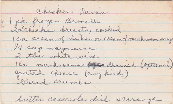 Chicken Divan recipe, front of card.