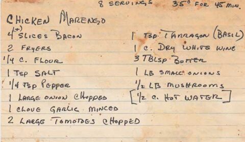 Madeline’s recipe, Chicken Marengo, front side.