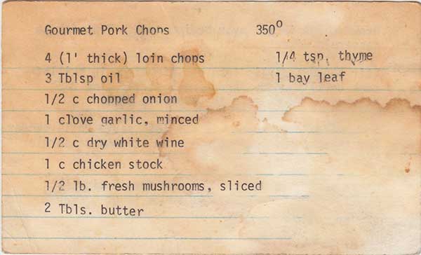 Madeline’s recipes, gourmet pork chops, front of card.