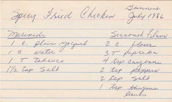 Madeline’s recipe box, Spicy Fried Chicken (front).